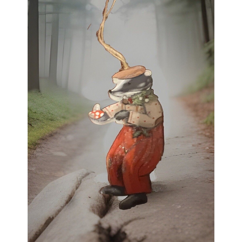 Woodland Badger Ornament Rustic Berry Holly Berries Mushroom‎ Beret Hat